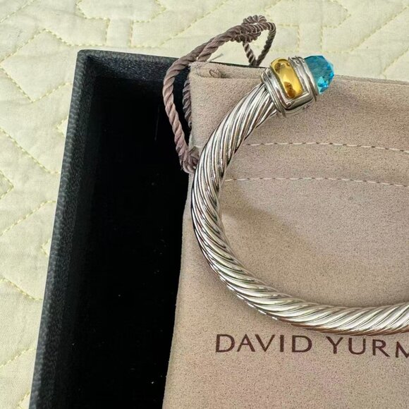 David Yurman Sterling Silver 7mm Blue Topaz and 14K Gold Cable Cuff Bracelet - Picture 5 of 5